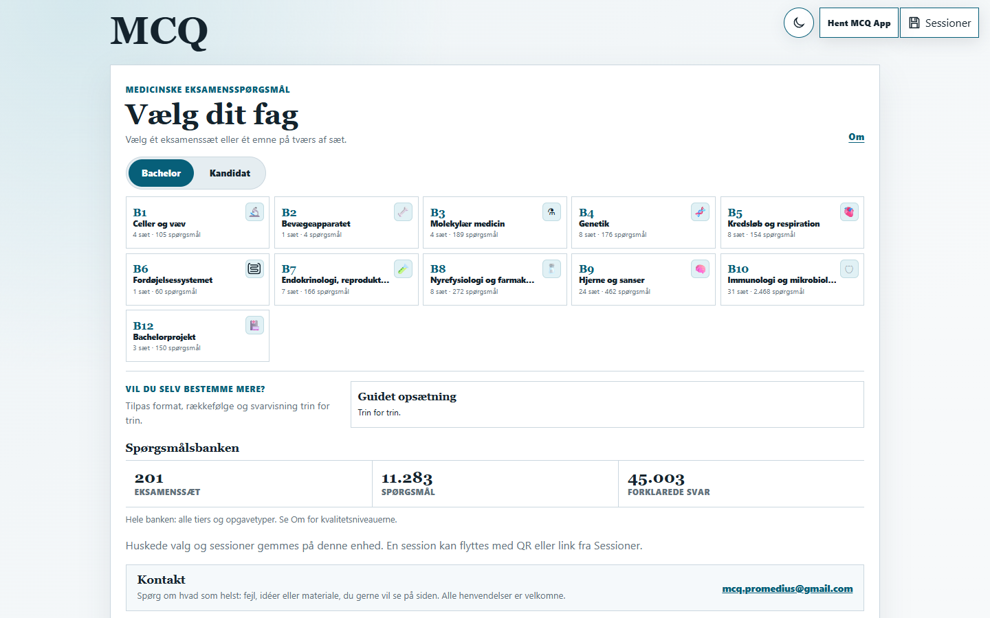 MCQ-forsiden med fagvalg, eksamenssæt og spørgsmålsbank