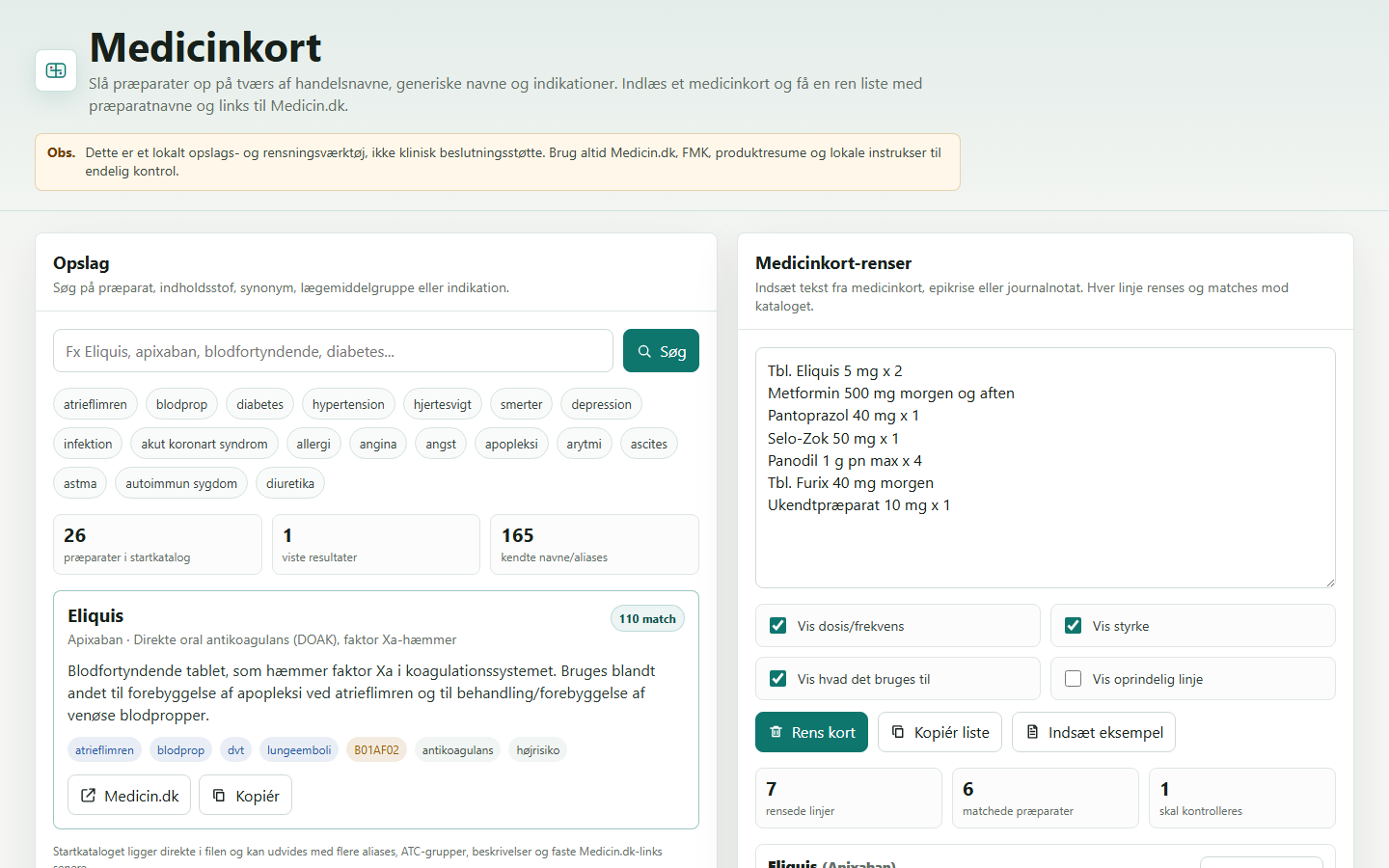 Screenshot af Medicinkort
